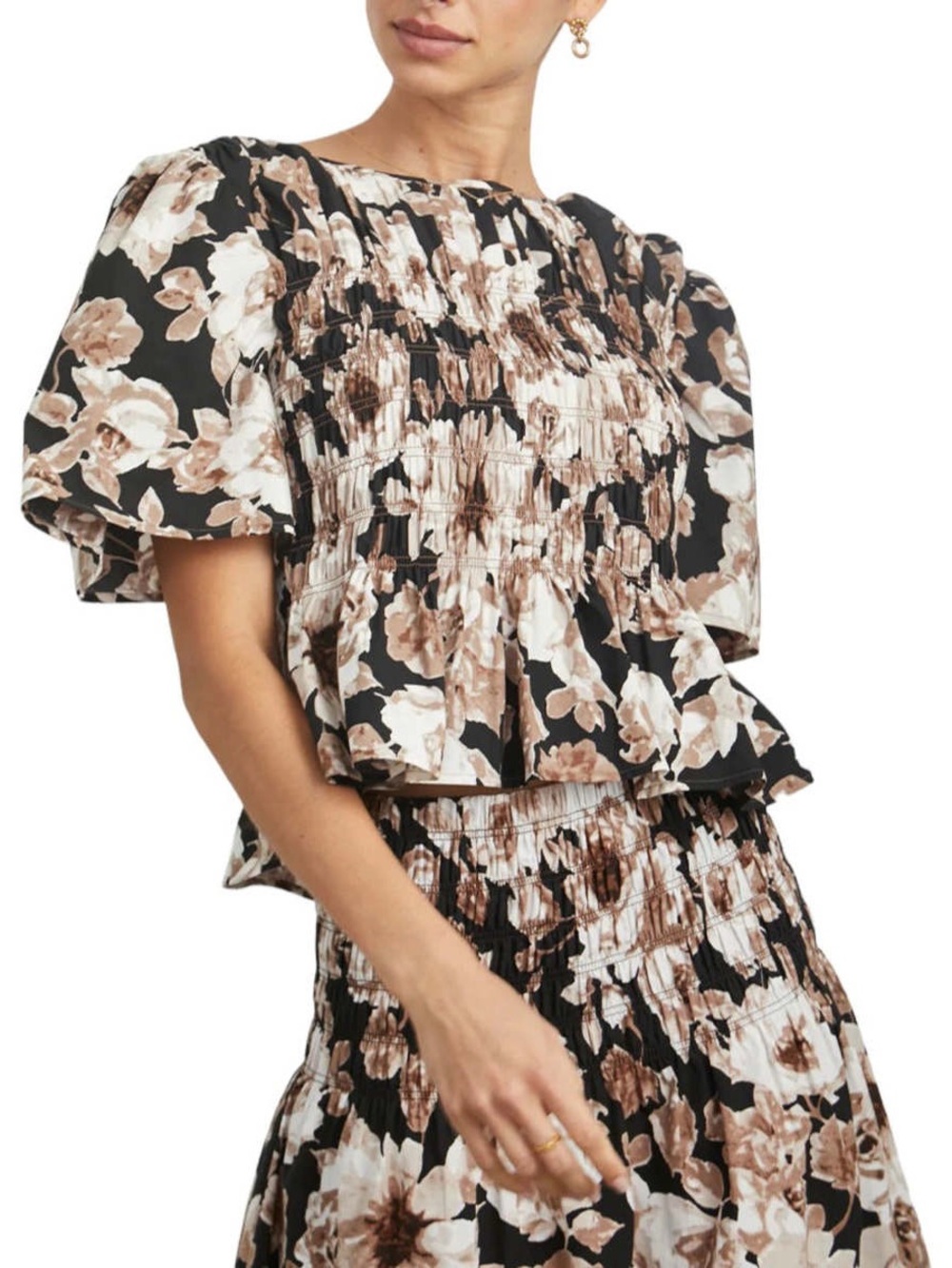 Rails Smocked Floral Puff-Sleeve Top - Black & Taupe